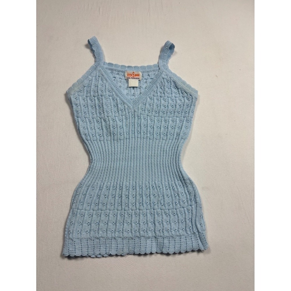 DS Fashion Womens Light Blue Knit Camisole Tank Top Small Cable Pointelle